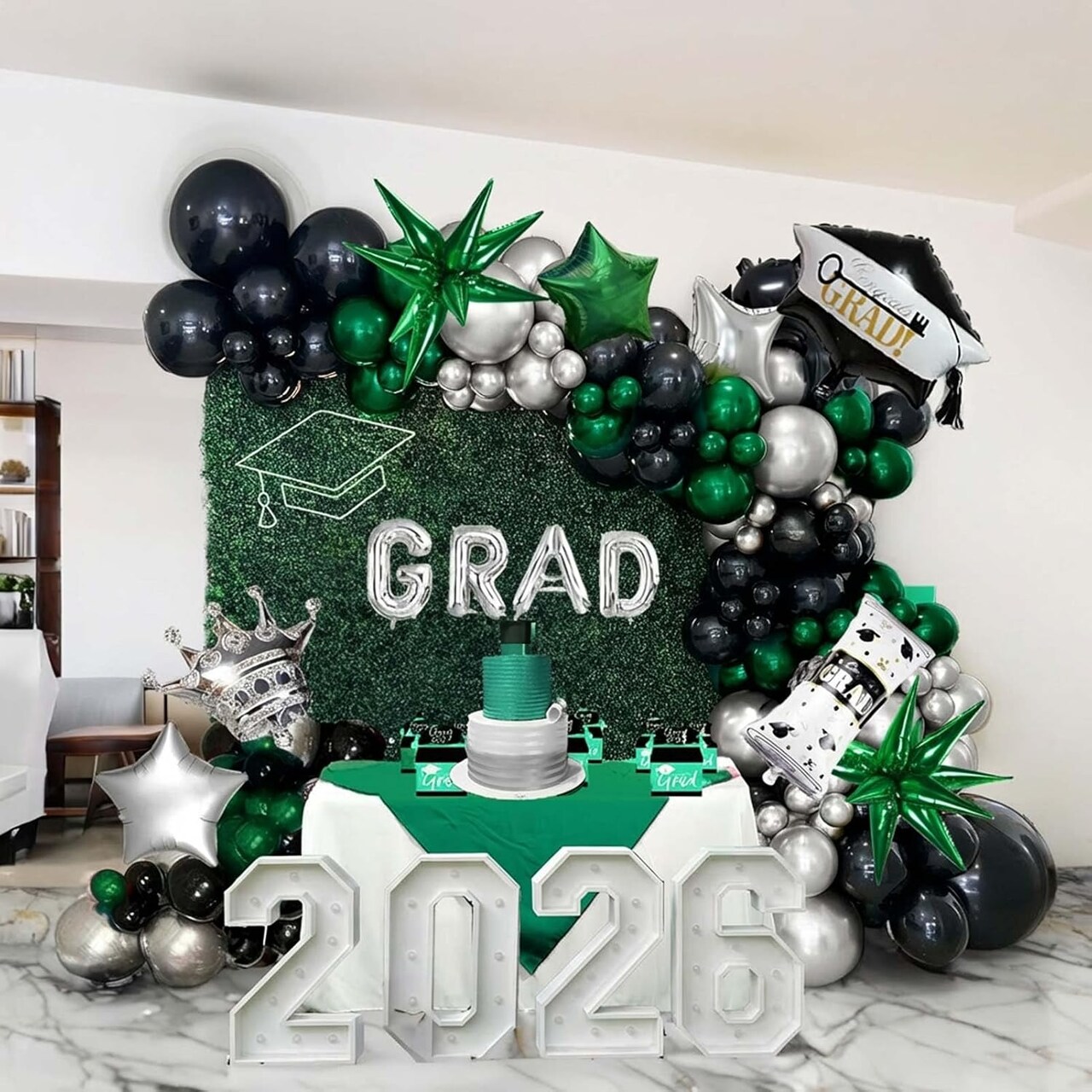 Dark Green black Silver Graduations Balloon Garland Kit with cap diploma and explosion star foil balloons for class of 2026 Prom party decorations congratulations party ceremony decor